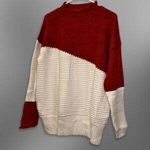 Ribbed Knit Sweater Crew Neck Durable Fabric Blend Color Block Burgundy/White L